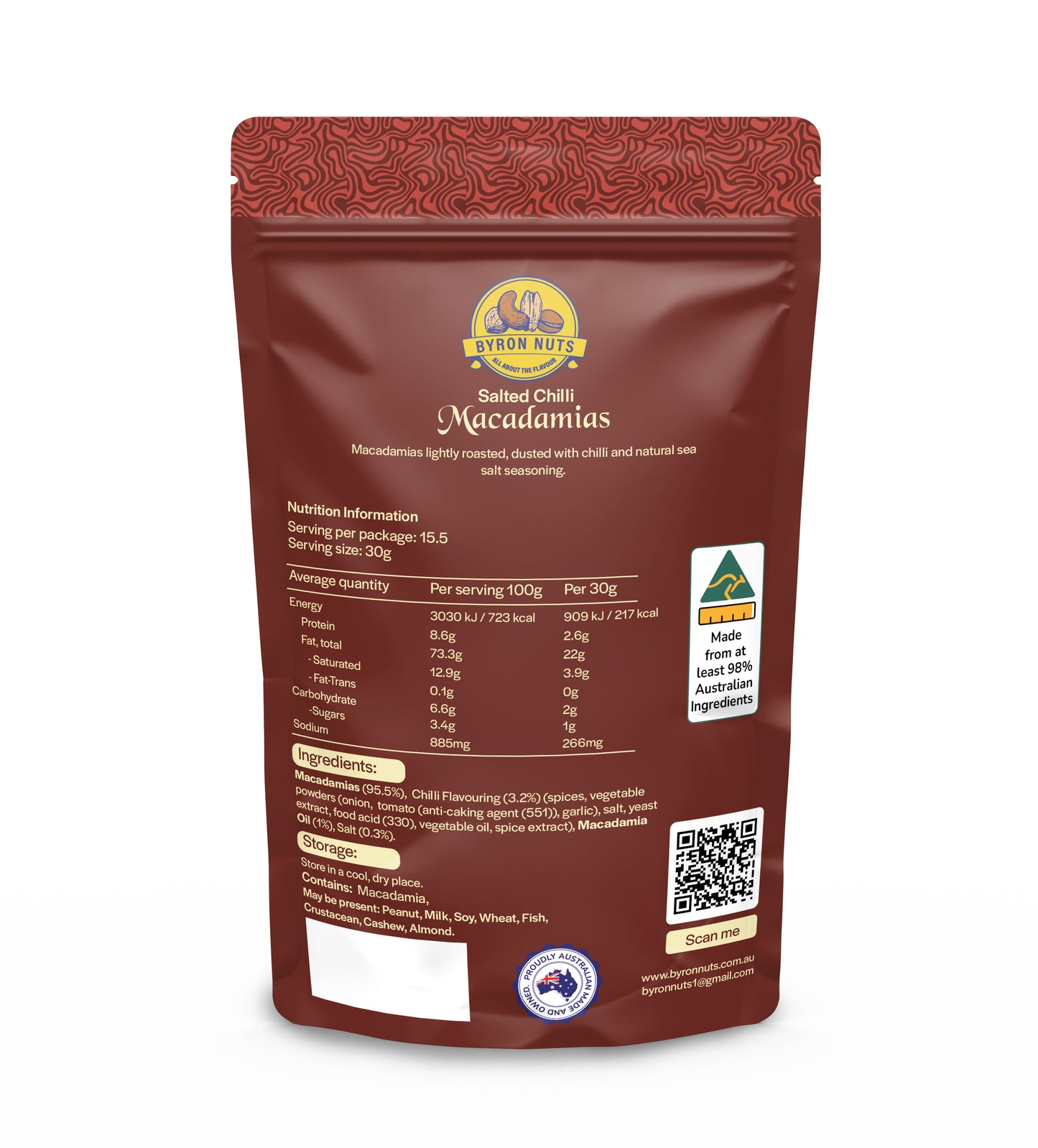 Salted chili macadamias by Byron Bay Nuts, showing roasted macadamia nuts coated with spicy chili and salt.