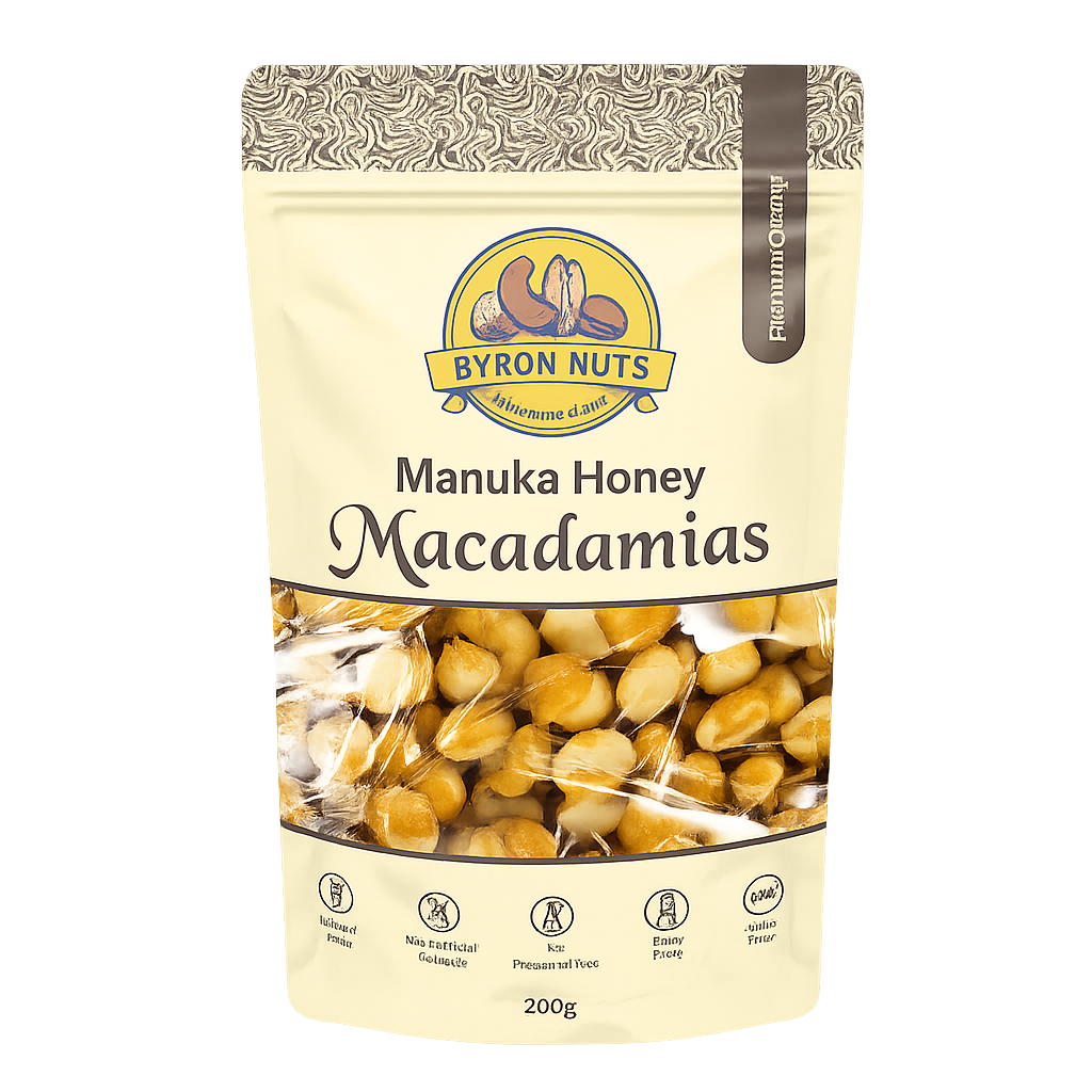 Raw Byron Bay Nuts Manuka Honey Macadamia nuts in a clear container, showcasing their golden-brown color and crunchy texture.