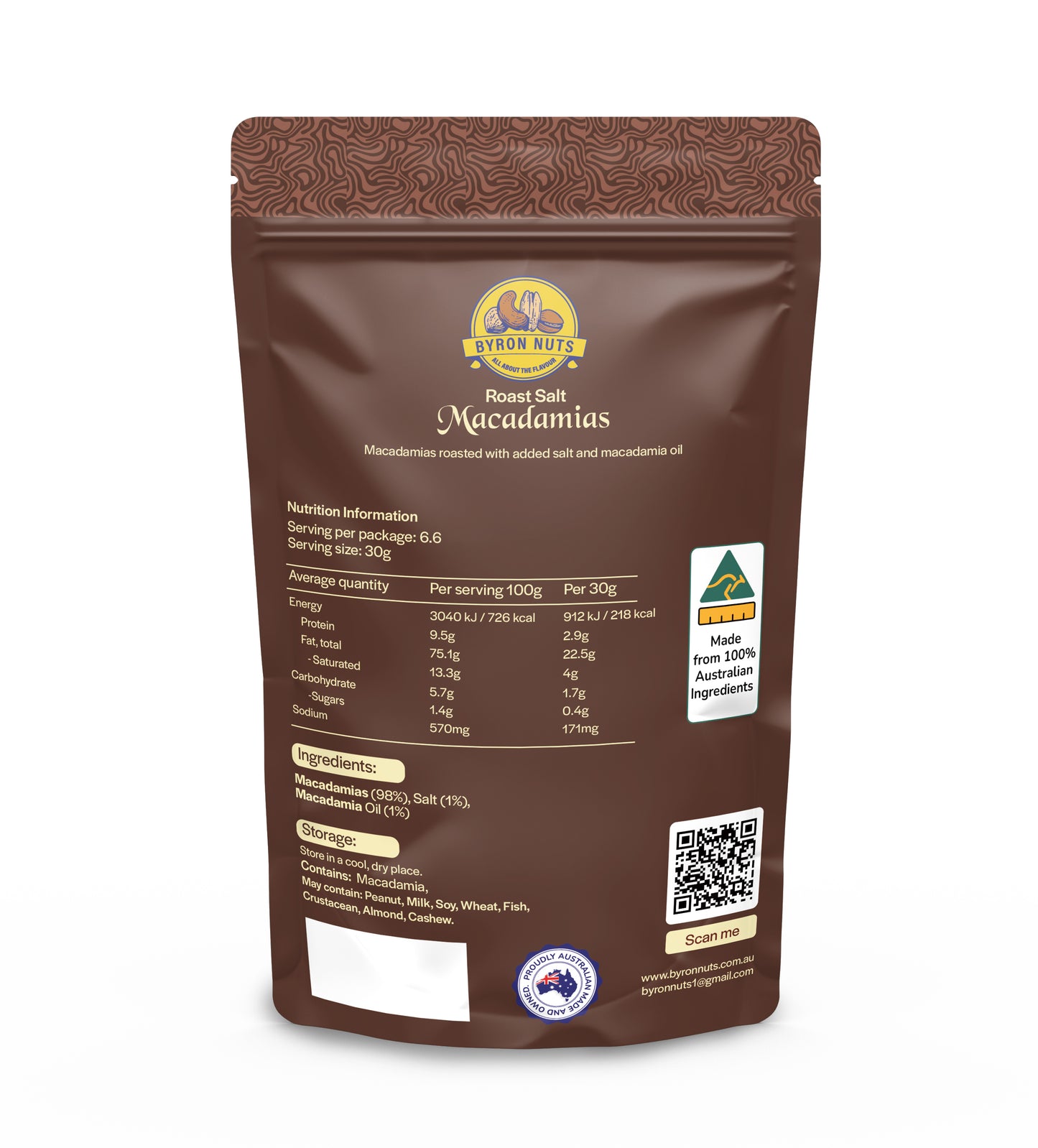 Salted roasted macadamias by Byron Bay Nuts, showing golden-brown roasted macadamia nuts with sea salt on a white background.