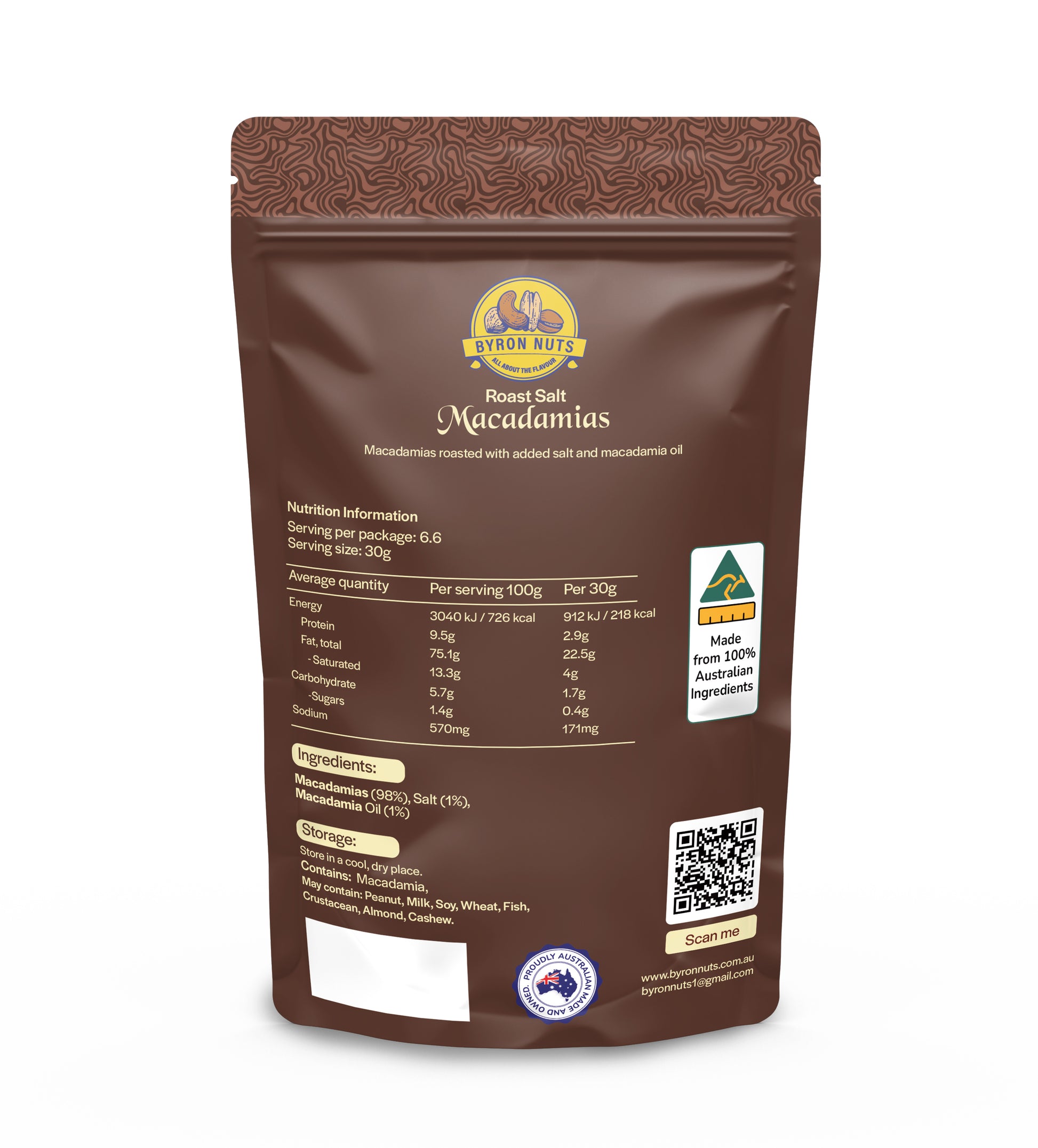 Salted roasted macadamias by Byron Bay Nuts, showing golden-brown roasted macadamia nuts with sea salt on a white background.