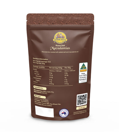 Salted roasted macadamias by Byron Bay Nuts, showing golden-brown roasted macadamia nuts with sea salt on a white background.